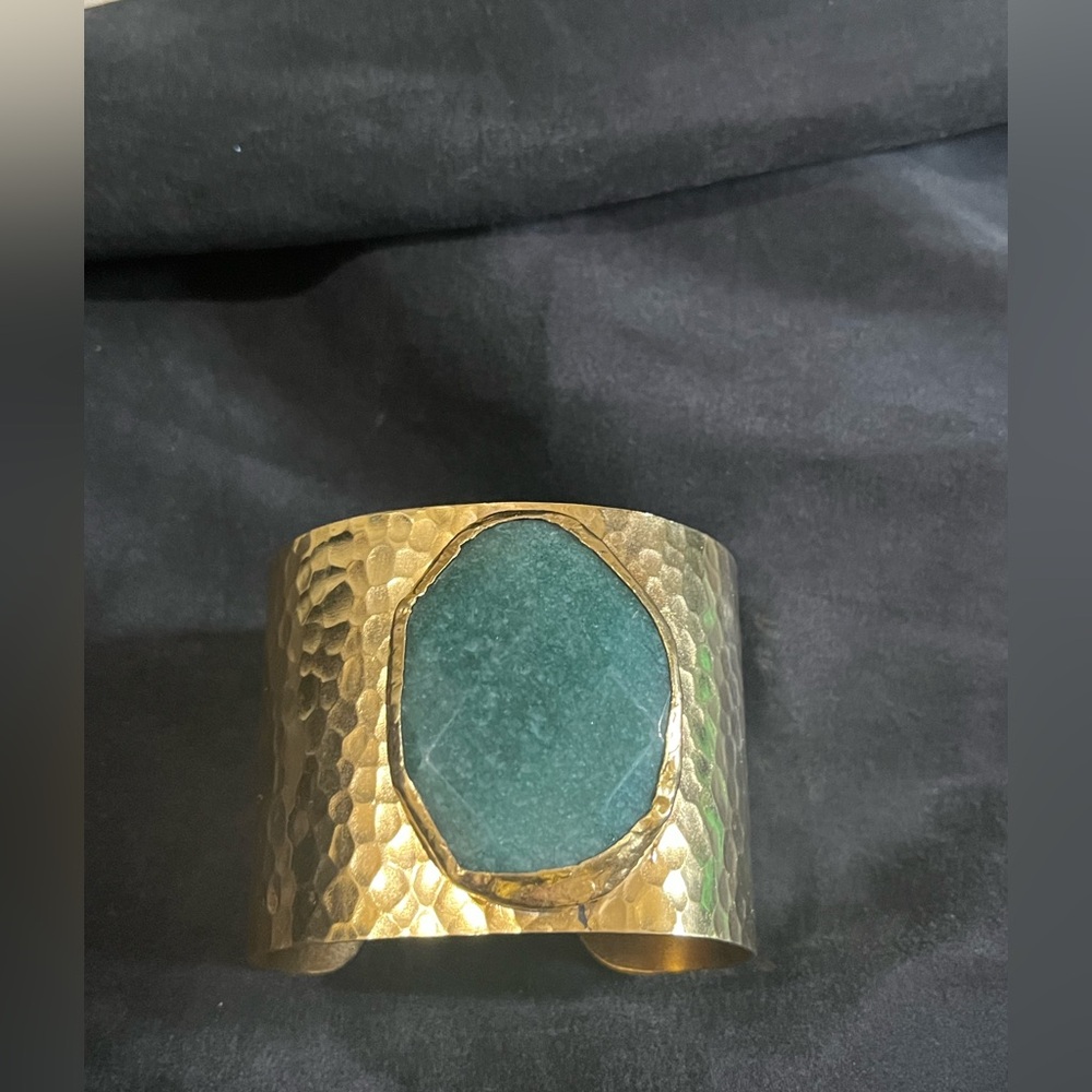 Gold Hammered Cuff Bracelet with Teal Stone